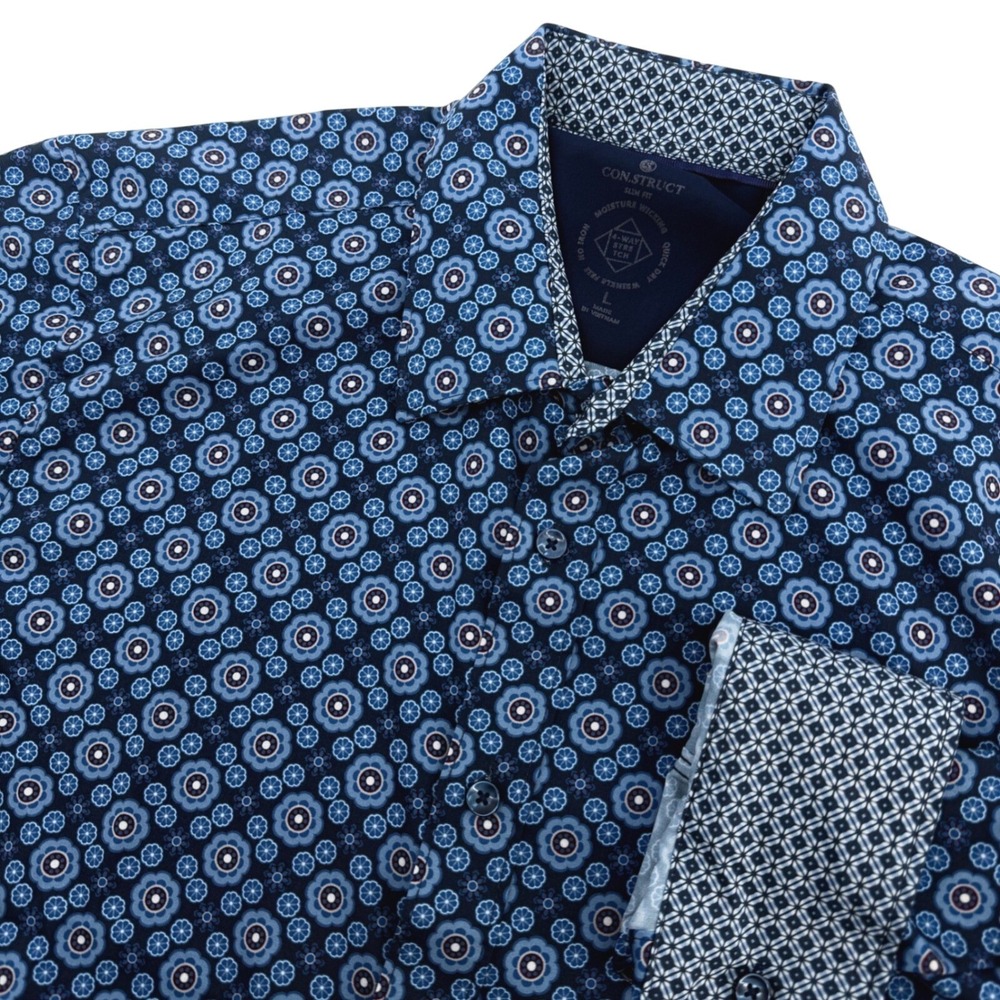 Con.Struct Shirt Mens L Blue Floral Stretch Wicking Long Sleeve Modern Casual